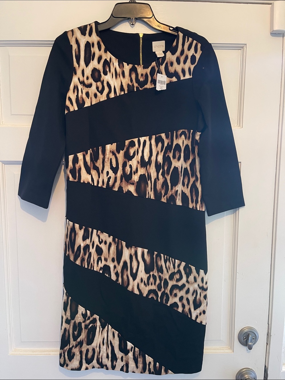Chico's Black and Leopard-Print Diagonal Panel Midi Dress